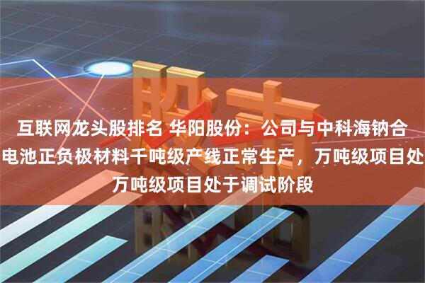 互联网龙头股排名 华阳股份：公司与中科海钠合作的钠离子电池正负极材料千吨级产线正常生产，万吨级项目处于调试阶段
